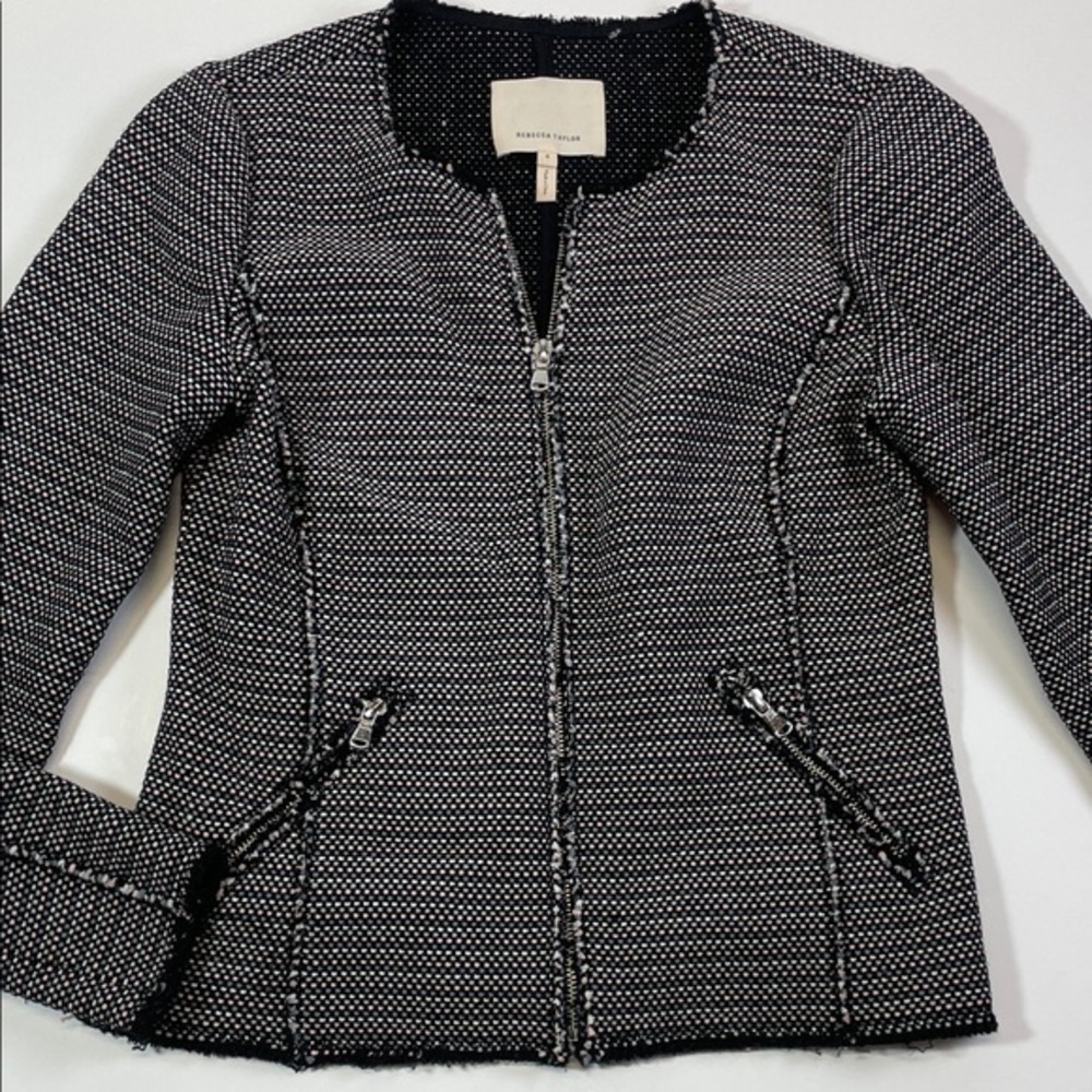 Rebecca Taylor Tweed Jacket Black White Zip Front Blazer Women’s size 4